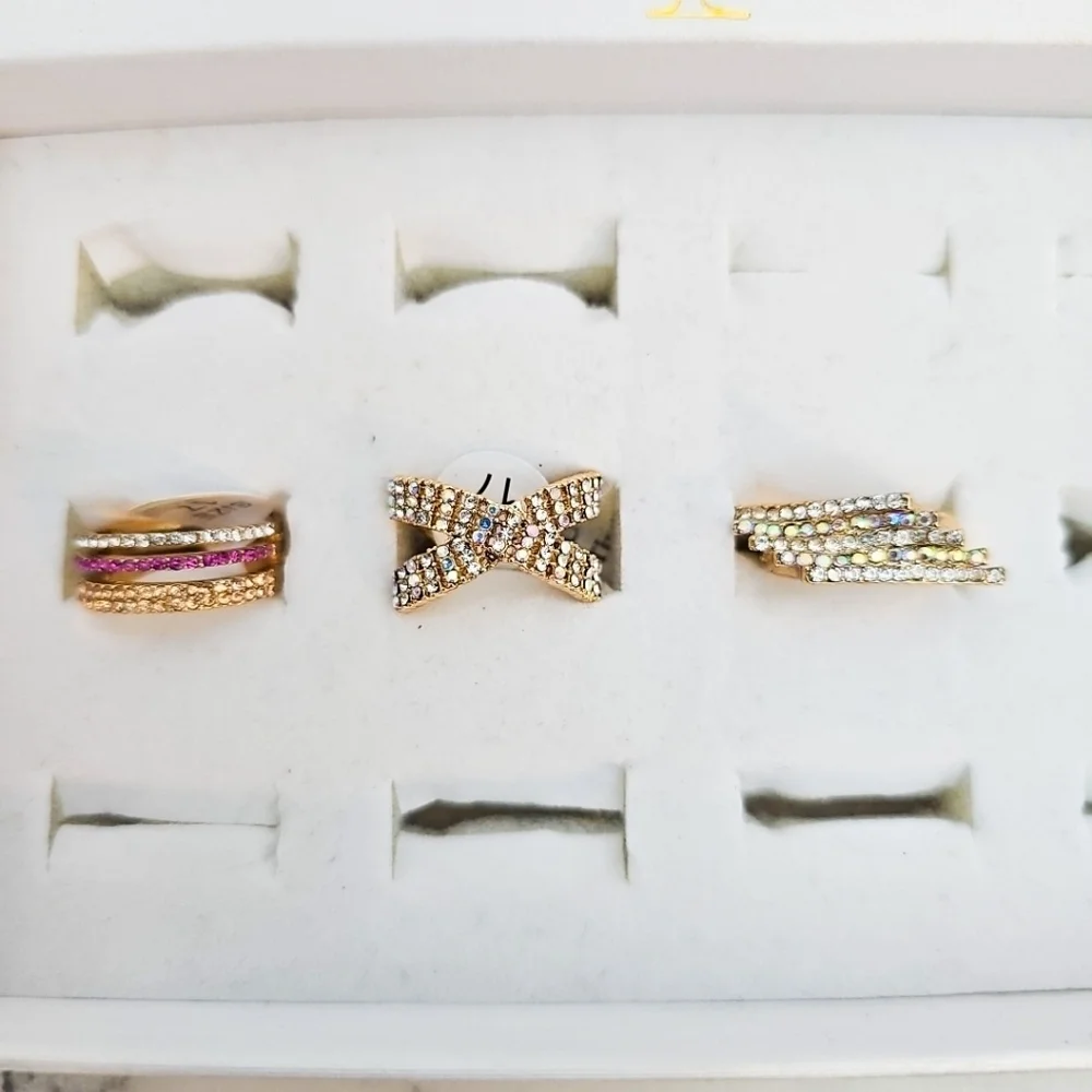 3pc Ring Set Gold Rhinestone Criss Cross Cocktail Jewelry